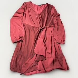 Express Women Mini Dress Size XL Burgundy Satin V Neck Balloon Long Sleeve